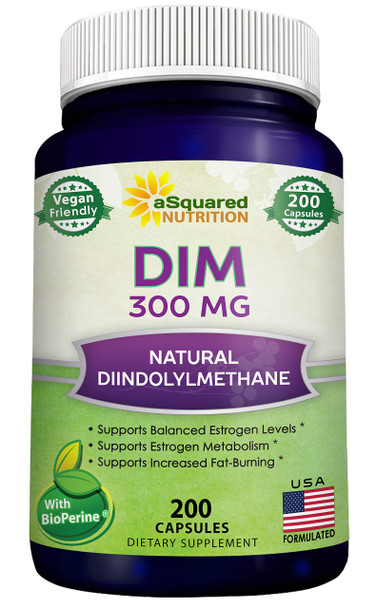 aSquared Nutrition DIM Supplement 300mg Plus BioPerine - 200 Veggie Capsules - Diindolylmethane DIM Max Strength Pills to Support Estrogen Metabolism & Balance, Menopause Relief, PCOS, Hormonal Acne