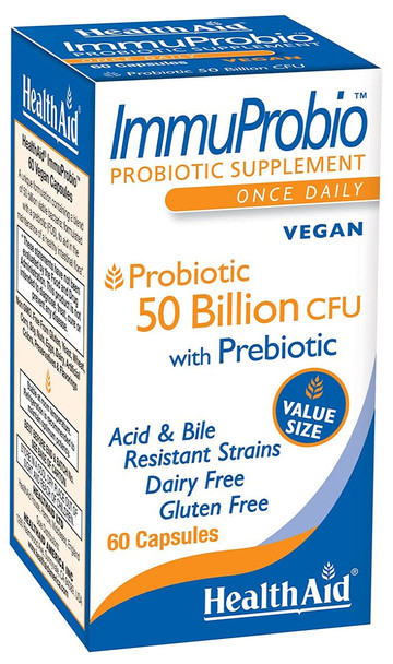 ImmuProbio 60 Caps - 50 Billion CFU with Prebiotic, Once Daily, Acid & Bile Resistant Strains, Dairy Free, Gluten Free, Vegan