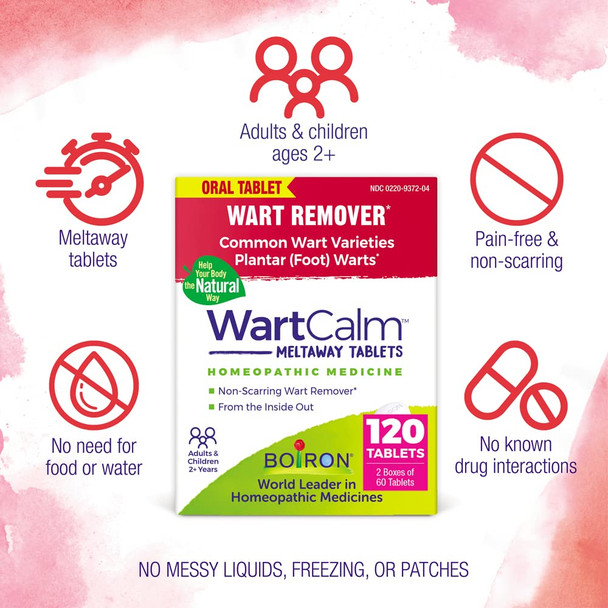 Boiron WartCalm for Painless Wart Removal on Hands, Knees, Plantar (Feet), and Other Bodily Warts for  & Children Ages 2+ - 120 Count (2 Pack of 60)