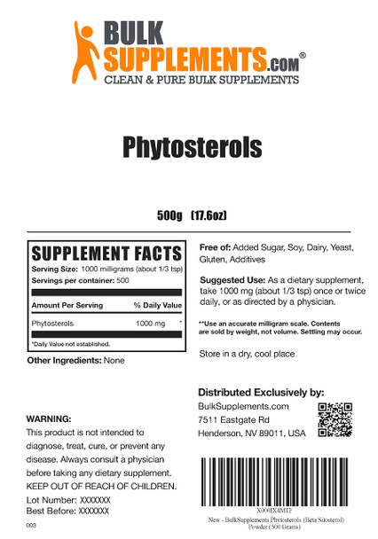 BulkSupplements Phytosterols Powder - Phytosterol Supplement, Plant Sterols Powder -  - 1000mg , 500 Servings (500 Grams - 1.1 lbs)