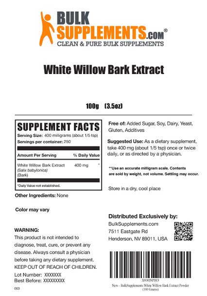 BulkSupplements White Willow Bark Extract Powder - Herbal Supplement Powder - Pure,  - 400mg , 250 Servings (100 Grams - 3.5 oz)