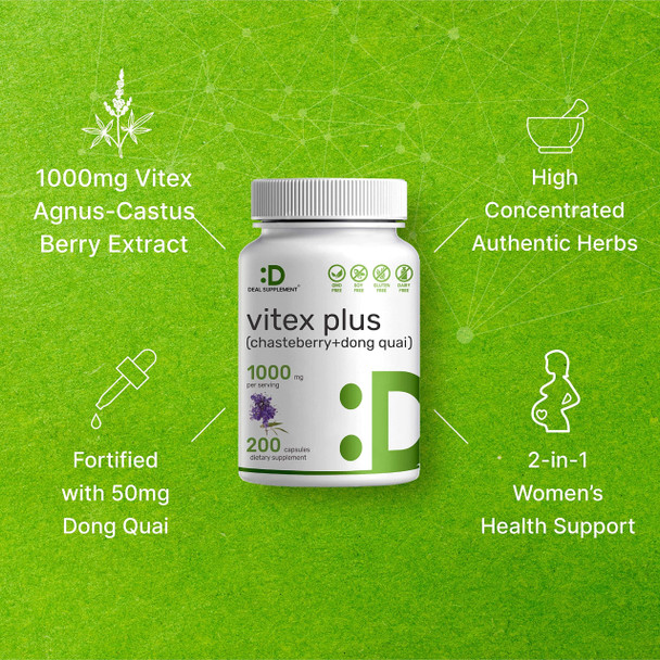 Vitex Supplement for Women - Vitex Chasteberry Supplement 1000mg Plus Dong Quai Capsules, 200 Counts - Supports Hormone Balance for Women, Fertility, PMS Symptoms & Menopause