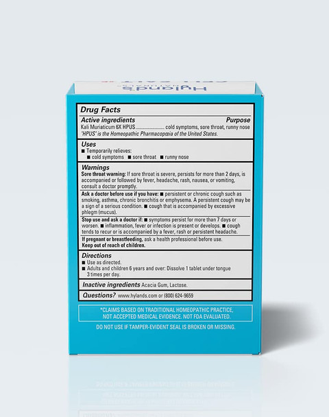 Hyland's Cold Medicine and Sore Throat Relief,  Treatment of Colds, Sore Throats, Runny Nose, and Burns, s #5 Cell Salt Kali Muriaticum 6X Tablets, 100 Count