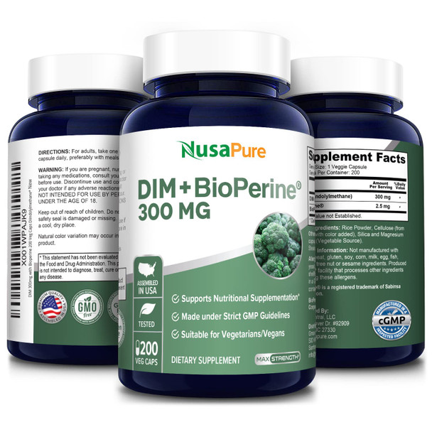 DIM 300mg with Bioperine - 200 Veg caps (Non-GMO, Vegan and Gluten-Free) Diindolylmethane