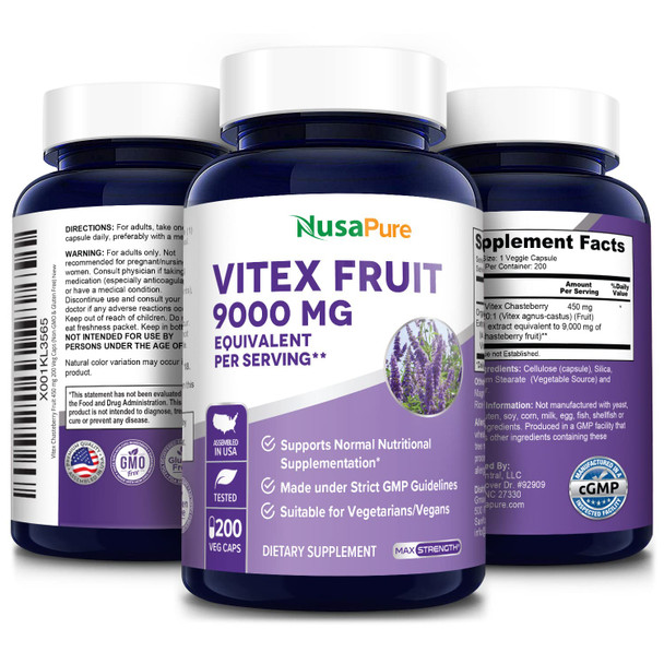 Vitex Chasteberry  20:1 Extract 9,000 mg -200 Veggie Caps 200 Days Supply (Non-GMO & )