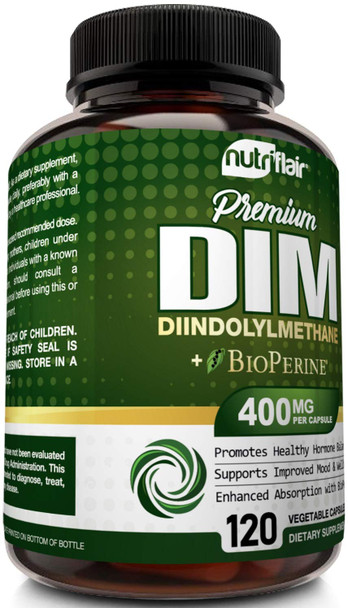 NutriFlair DIM Supplement 400mg with Bioperine, 120 Capsules - Diindolylmethane - Estrogen Metabolism Support & Hormone Balance, Menopause, PCOS, Acne and Skin Care for Men & Women - Compare to 300mg