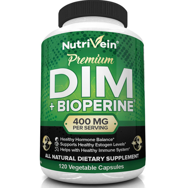 Nutrivein DIM Supplement 400mg Diindolylmethane Plus Bioperine - Maintain Hormone Balance with Estrogen for Menopause and Middle Age - Supports Acne and PCOS Treatment Men & Women