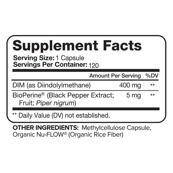 Nutrivein DIM Supplement 400mg Diindolylmethane Plus Bioperine - Maintain Hormone Balance with Estrogen for Menopause and Middle Age - Supports Acne and PCOS Treatment Men & Women