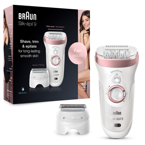 Braun Silk-épil 9 9-720, Epilator for Long-Lasting Hair Removal, Includes Shaver and Trimmer Head, Micro-Grip Tweezer Technology, Cordless Wet and Dry Epilation for Women (2 Pin Bathroom Plug)