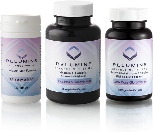 Relumins Advance White Triple Capsule MAX Set - MAX Dose Glutathione with 6X Boosters, Collagen MAX Chewable Tablets and Vitamin C MAX - Maximum Skin Lightening and Rejuvenating (One Month Supply)