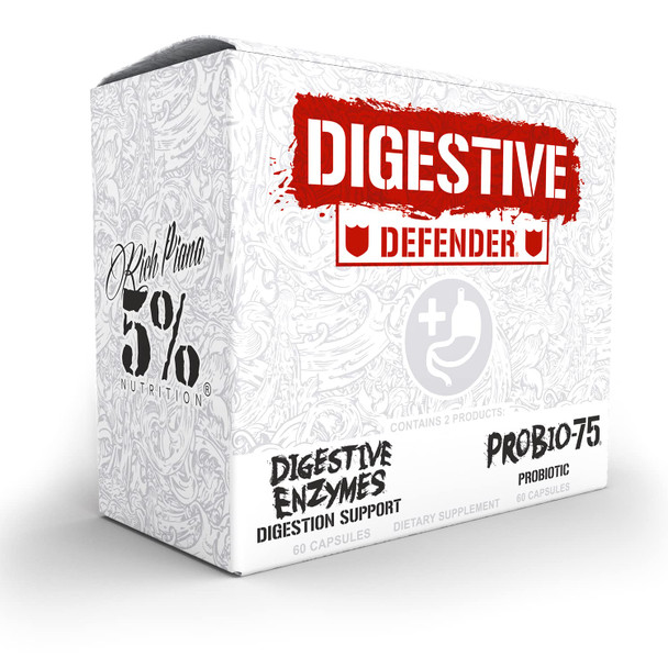 Rich Piana 5% Nutrition Digestive Defender | Probio-75 & Digestive Enzymes Digestion Supplement | Premium Quality Digestive Enzymes with Probiotics and Prebiotic Fiber | 120 Gelatin Capsules (30 Svgs)