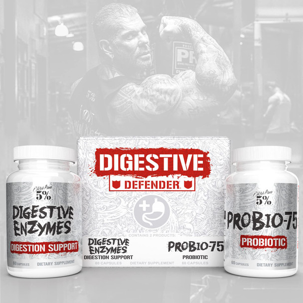 Rich Piana 5% Nutrition Digestive Defender | Probio-75 & Digestive Enzymes Digestion Supplement | Premium Quality Digestive Enzymes with Probiotics and Prebiotic Fiber | 120 Gelatin Capsules (30 Svgs)