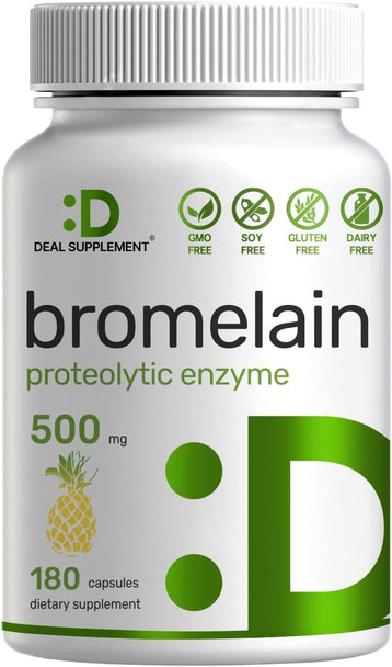 Bromelain Supplement 500mg, 180 Capsules, Optimal Dosage (300 GDU/g)  Natural Proteolytic Enzymes from Fresh Pineapple  Supports Nutrient Digestion