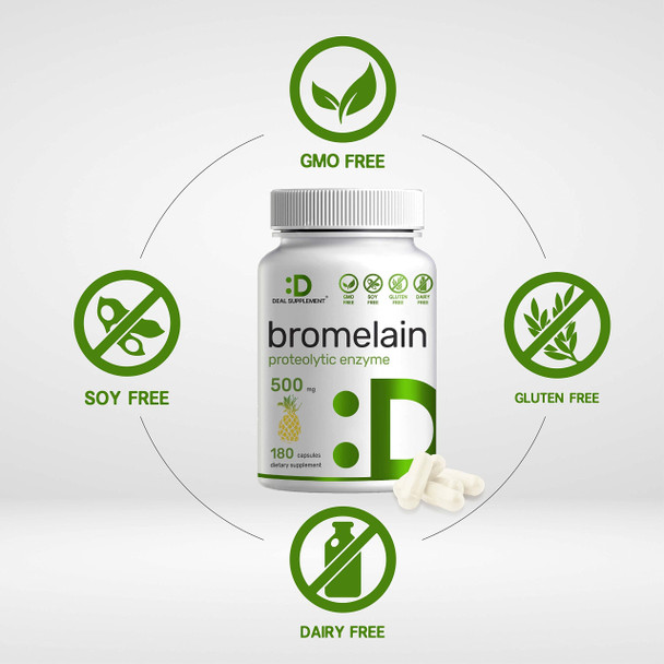 Bromelain Supplement 500mg, 180 Capsules, Optimal Dosage (300 GDU/g)  Natural Proteolytic Enzymes from Fresh Pineapple  Supports Nutrient Digestion