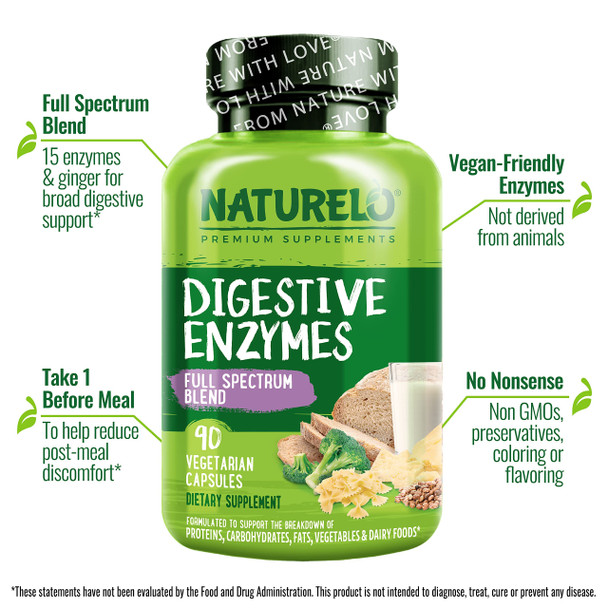 NATURELO Digestive Enzymes - Full Spectrum Support with a Broad Blend of 15 Enzymes Plus Ginger - 90 Vegan Capsules