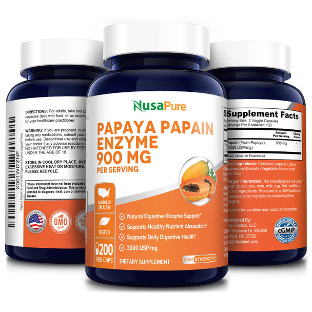 NusaPure Papaya Papain Enzyme 900mg 200 Veggie Caps (100% Vegetarian, Non-GMO & )