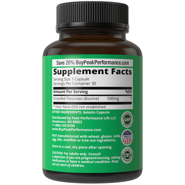 Grass Fed Pancreas Support Supplement from Beef Organs for Digestive, Gut, Pancreatic, Glandular Health. With Multi Enzymes: Lipase, Protease, Trypsin, Amylase. Lactose Free, Non GMO Capsules