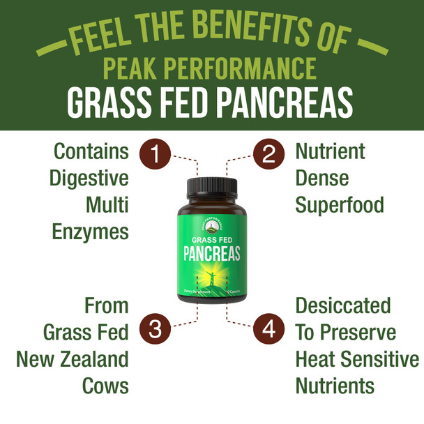 Grass Fed Pancreas Support Supplement from Beef Organs for Digestive, Gut, Pancreatic, Glandular Health. With Multi Enzymes: Lipase, Protease, Trypsin, Amylase. Lactose Free, Non GMO Capsules