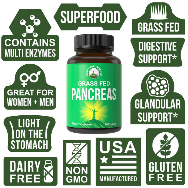 Grass Fed Pancreas Support Supplement from Beef Organs for Digestive, Gut, Pancreatic, Glandular Health. With Multi Enzymes: Lipase, Protease, Trypsin, Amylase. Lactose Free, Non GMO Capsules