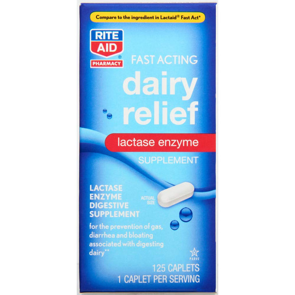 Rite Aid Fast Acting Dairy Relief Lactase Enzyme - 125 Caplets | Lactase Enzyme Supplement | Lactose Intolerance Pills | Dairy Relief Pills | Digestive Enzyme Supplements | Digestive Enzymes
