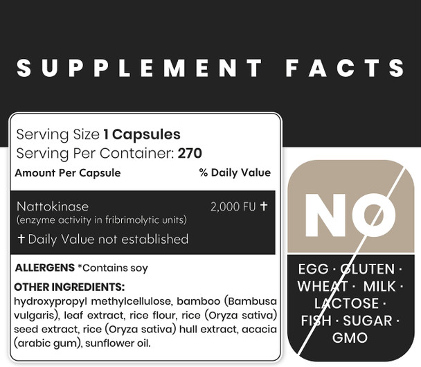 Zenavea Nattokinase Supplement - 2000 FU, 270 Caps (9 Months Supply) - Vegan, Non-GMO, Gluten Free - Nattokinase 100mg - Natto Supplement Support Cardiovascular and Circulatory Blood Heart Health