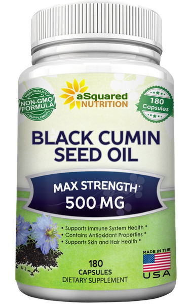 aSquared Nutrition Black Cumin Seed Oil 500mg - 180 Capsules - Cold Pressed Black Seed Oil (Nigella Sativa) Supplement Pills to Support Skin & Hair Health - Virgin & First Pressing - Non-GMO
