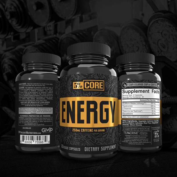 5% Nutrition Core Energy | Sustained Focus, Energy & Cognitive Performance w/ Infinergy , L-Theanine, Theobromine, TeaCrine, Pterostilbene (30 Servings / 60 VegCaps)