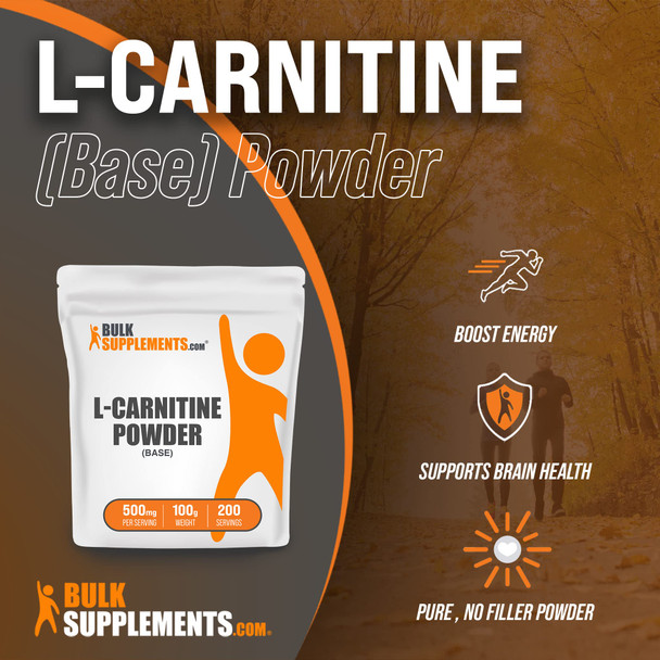 BulkSupplements L-Carnitine Powder (Base) - Amino s Supplement for Muscle Recovery & Endurance -  - 1000mg (1g) , 100 Servings (100 Grams - 3.5 oz)