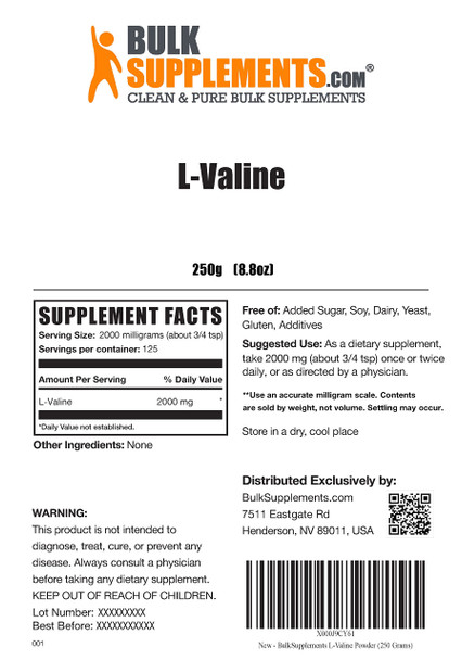 BulkSupplements L-Valine Powder - BCAAs Amino s Powder - Vegan BCAA Powder - Amino s Supplement for Men - Amino  Powder - Amino s Nutritional Supplement (250 Grams - 8.8 oz)