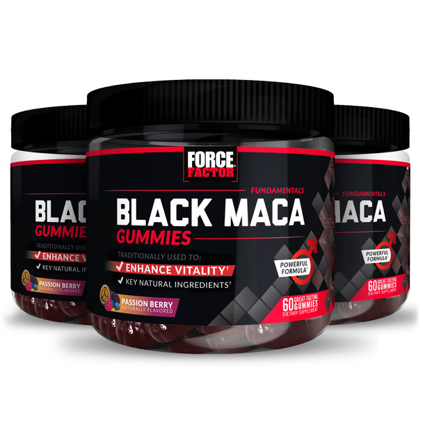 Force Factor Black Maca Gummies, 3-Pack, Black Maca Root to Enhance Male Vitality, Increase Energy & Strength, with BioPerine for Superior Absorption, Delicious Passion Berry Flavor, 180 Gummies