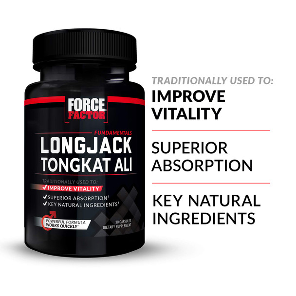 Force Factor Longjack Tongkat Ali 500mg for Men, Longjack Extract to Support Male Vitality and Improve Drive, Longjack Capsules with BioPerine Black  Extract, 30 Capsules