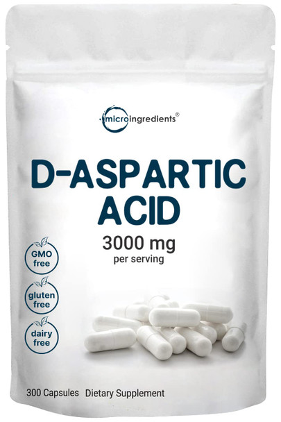 Micro Ingredients D Aspartic  Pills, DAA Supplement, 3000mg , 300 Capsules, Premium D Aspartic  , Non-GMO