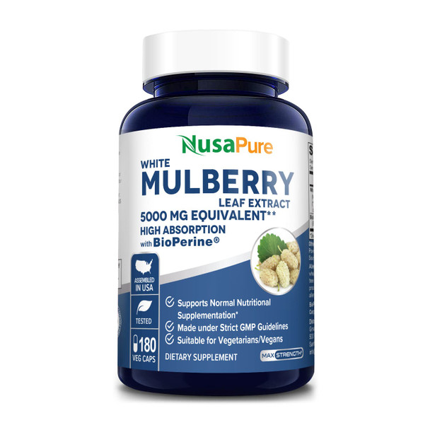 NusaPure White Mulberry Leaf Extract 5,000mg 180 Veggie Caps (Vegetarian, with Bioperine)