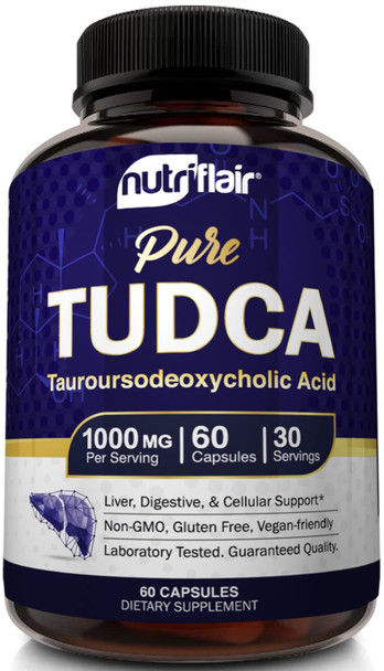 NutriFlair Pure TUDCA 1000mg, 60 Capsules - Premium Quality Tauroursodeoxycholic  Bile Salts - Liver, Kidney, Gallbladder Support, Detox, Cleanse - Non-GMO,