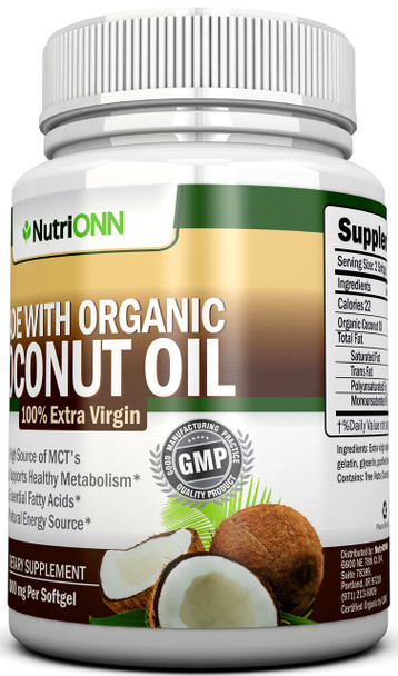 ORGANIC COCONUT OIL Capsules - 180 Softgels - 4000 MG Daily - Cold-Pressed Extra Virgin Coconut Oil - Certified USDA Organic - Great For Hair, Skin And Acne