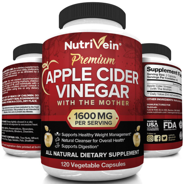 Nutrivein Apple Cider Vinegar Capsules with Mother - 1600mg - 120 Vegan Pills - Supports Healthy Weight Loss, Diet, Digestion, Keto, Cleanser - Best Supplement for Immune System - ACV Raw