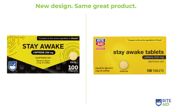 Rite Aid Stay Awake Tablets , 200 mg - 100 Tablets |  Pills |  Supplement |  Pills 200mg | Equal to About a Cup of Coffee | Mental Alertness Aid | Energy Pills