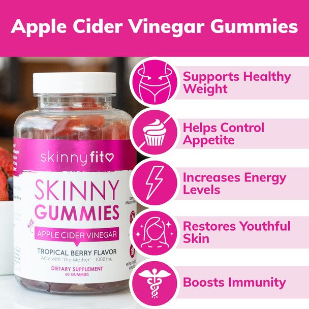 SkinnyFit Skinny Gummies Apple Cider Vinegar Gummies w/ The Mother, Healthy Weight, Immune Support, Vitamin B9, B12, Beetroot, Pomegranate, Vegan-Friendly, 60 Count