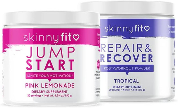 SkinnyFit Jump Start and Repair & Recover Powder, Pre & Post Workout Supplements, Natural Energy, Boost Focus & Endurance, Muscle Recovery & Growth, 30 Servings of Each