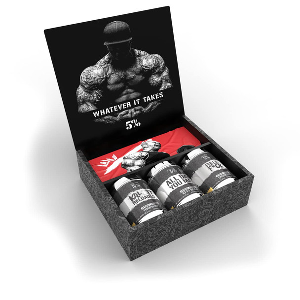 5% Nutrition Rich Piana Legendary Kit Blackout Edition | 3 Workout Supplements: AllDayYouMay + FasF + Kill It Reloaded in Maui Twist Flavor | Rich Piana T-Shirt + 5% Decal