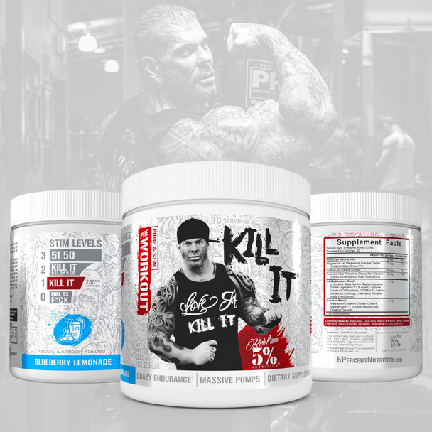 Rich Piana 5% Nutrition Kill It Pre Workout Powder w/Creatine, Jitter-Free , NO-Booster, Beta Alanine, L-Citrulline for Focus, Pump, Endurance, Recovery 13.23 oz, 30 Srvgs (Blueberry Lemonade)