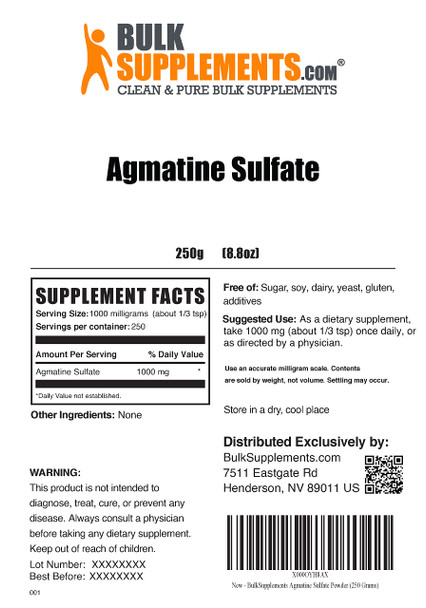BulkSupplements Agmatine Sulfate Powder - Supplement for Nitric Oxide Production - Unflavored,  - 1000mg , 250 Servings (250 Grams - 8.8 oz)