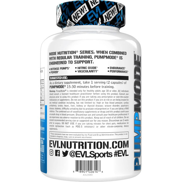 Evlution Pumpmode Nitric Oxide Pills for Men Nutrition Nitric Oxide Supplement with Arginine  and Citrulline for Maximum  and Performance - Vegan Stim Free Pre Workout Supplement