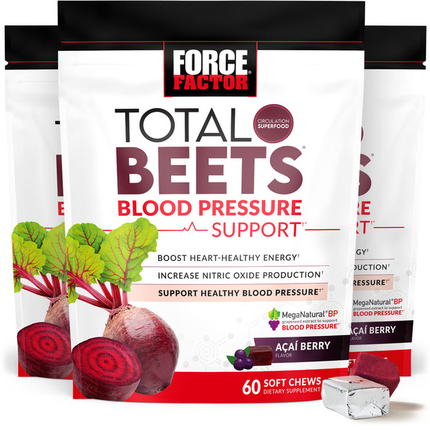 Force Factor Total Beets  Pressure Support Supplement, Beets Supplements with Beets Powder, Great-Tasting Beets Chewables for Heart-Healthy Energy, and Increased Nitric Oxide, 180 Chews, 3-Pack