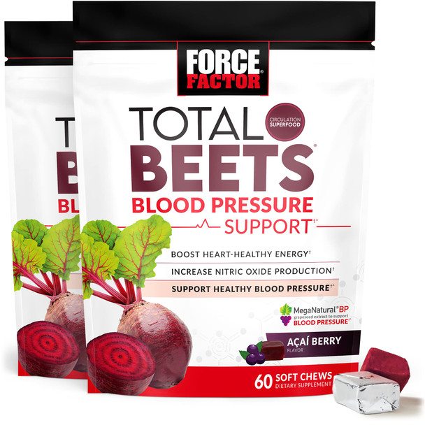 Force Factor Total Beets  Pressure Support Supplement, Beets Supplements with Beets Powder, Great-Tasting Beets Chewables for Heart-Healthy Energy, and Increased Nitric Oxide,, 120 Chews, 2-Pack