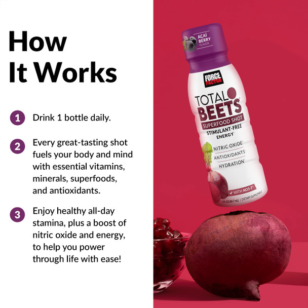 Force Factor Total Beets Superfood Ss for Healthy All-Day Stamina, Energy Drink Alternative with Beet Root Powder, Vitamins, & Antioxidants, Nitric Oxide Energy S,  Berry, 3 Fl Oz (6-Pack)