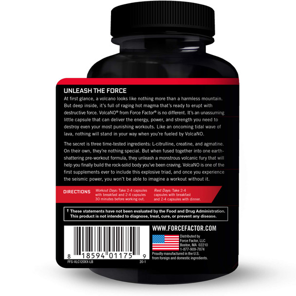 Force Factor Volcano, 2-Pack, Pre Workout Nitric Oxide Booster Supplement for Men with Creatine and L-Citrulline to Boost Nitric Oxide and Energy, Build Muscle, Better Pump and Workout,, 240 Capsules