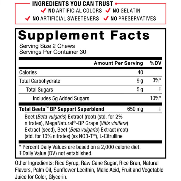 Total Beets  Pressure Support Supplements with Beet Powder, Great-Tasting Beets Chewables for Heart-Healthy Energy, and Increased Nitric Oxide, Force Factor, 60 Chews