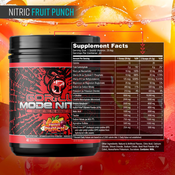 Gorilla Mode Nitric Stimulant Free Pre-Workout – Best Tasting and Most Effective Stimulant Free Pre-Workout / Massive Pumps · Vasodilation · Power / 688 Grams (Fruit Punch)