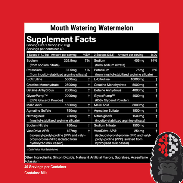 Gorilla Mode Nitric Stimulant Free Pre-Workout  Best Tasting and Most Effective Stimulant Free Pre-Workout/Massive  · Vasodilation · Power / 700 Grams (Watermelon)